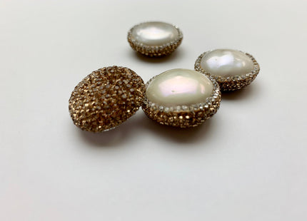 23-24mm AA Coin Freshwater Pearl Pendent Half Drilled W/ Pave Gold Rhinestone 0.7 mm Hole Genuine Freshwater Coin Pearl Pendant #1175