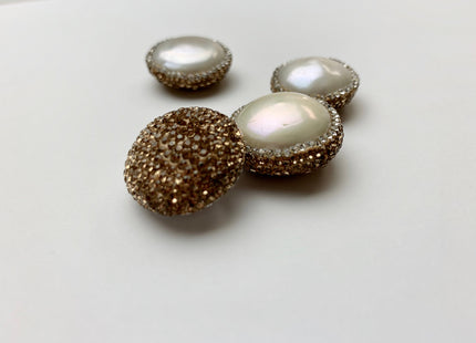 23-24mm AA Coin Freshwater Pearl Pendent Half Drilled W/ Pave Gold Rhinestone 0.7 mm Hole Genuine Freshwater Coin Pearl Pendant #1175