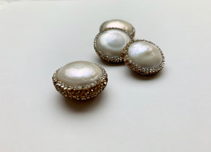 23-24mm AA Coin Freshwater Pearl Pendent Half Drilled W/ Pave Gold Rhinestone 0.7 mm Hole Genuine Freshwater Coin Pearl Pendant #1175