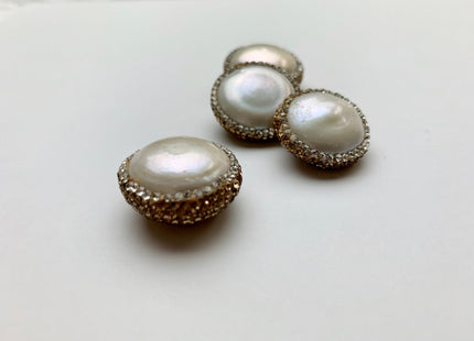 23-24mm AA Coin Freshwater Pearl Pendent Half Drilled W/ Pave Gold Rhinestone 0.7 mm Hole Genuine Freshwater Coin Pearl Pendant #1175