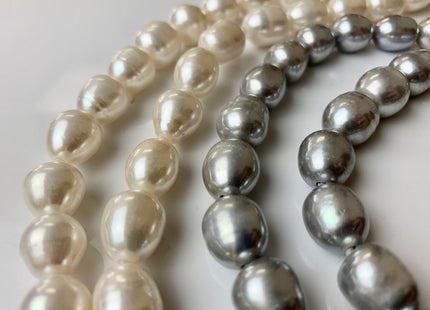 11 x 13-15 mm Half Strand Extra Shiny Large Hole Rice/Oval Freshwater Pearl Beads Natural White OR Silver Gray, 2.2 mm Hole #386