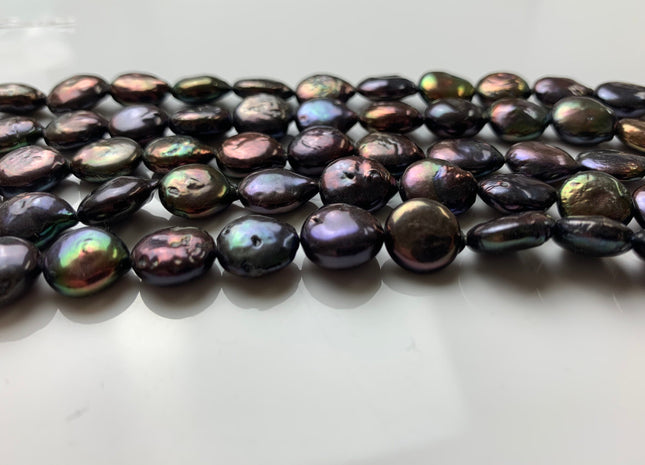 10 mm AA Half Strand Dark Peacock Colored Freshwater Coin Pearls Genuine Freshwater Dark Peacock Colored Flat Coin Pearls #1243
