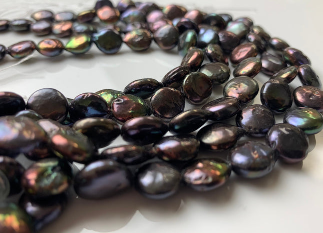 10 mm AA Half Strand Dark Peacock Colored Freshwater Coin Pearls Genuine Freshwater Dark Peacock Colored Flat Coin Pearls #1243