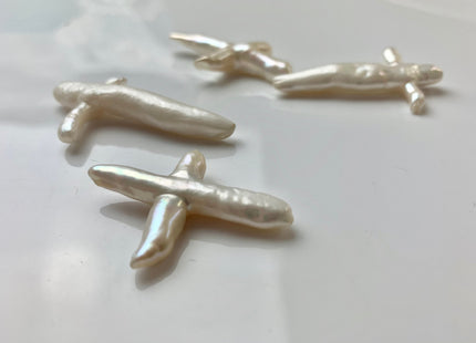 Natural White Biwa Stick Freshwater Pearls, Genuine White Cross Shape Freshwater Pearls #1293