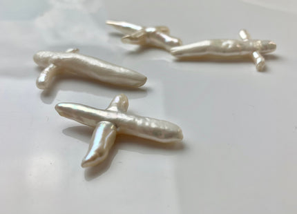 Natural White Biwa Stick Freshwater Pearls, Genuine White Cross Shape Freshwater Pearls #1293