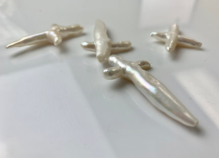 Natural White Biwa Stick Freshwater Pearls, Genuine White Cross Shape Freshwater Pearls #1293