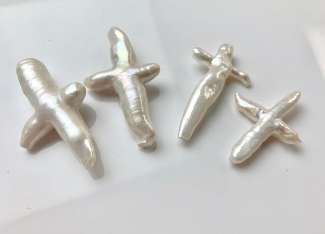 Natural White Biwa Stick Freshwater Pearls, Genuine White Cross Shape Freshwater Pearls #1293