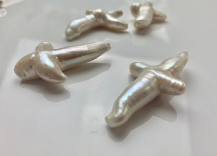 Natural White Biwa Stick Freshwater Pearls, Genuine White Cross Shape Freshwater Pearls #1293