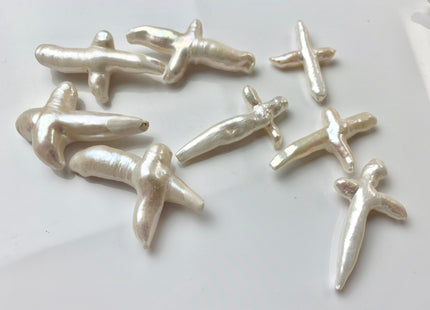Natural White Biwa Stick Freshwater Pearls, Genuine White Cross Shape Freshwater Pearls #1293
