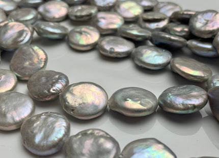 15-17mm High Luster Silver Gray Flat Coin Genuine Freshwater Pearl Beads, Genuine Cultured Freshwater Pearls, Silver Gray Pearls #420