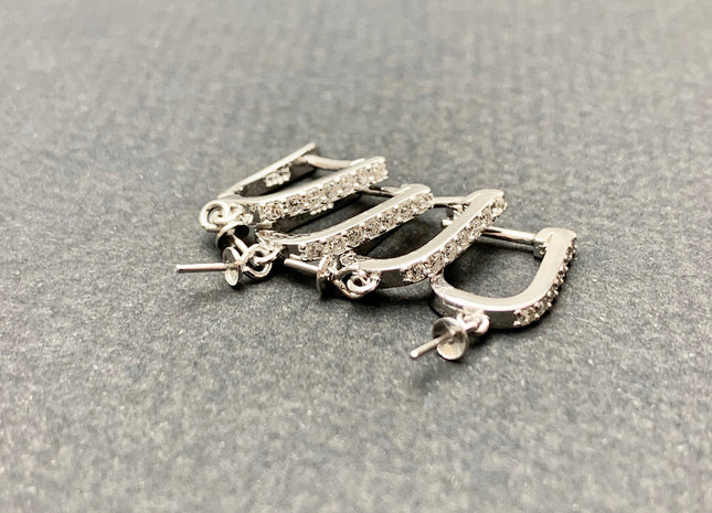 One Pair 925 Sterling Silver Earring Setting With CZ Genuine 925 Sterling Silver Earring Findings For Half Drilled Pearls #1628-H