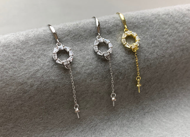 One Pair 925 Sterling Silver Earring Setting With CZ Genuine 925 Sterling Silver Dangle Earring Findings For Half Drilled Pearls #1628-G