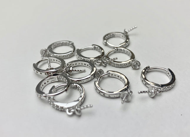 One Pair 925 Sterling Silver Earring Setting With CZ Genuine 925 Sterling Silver Earring Findings For Half Drilled Pearls #10348-k
