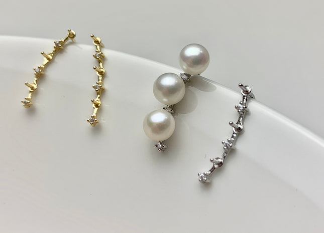 One Pair 925 Sterling Silver/Gold Earring Setting With CZ Genuine 925 Sterling Silver Earring Hook Findings For Half Drilled Pearls #10348-N