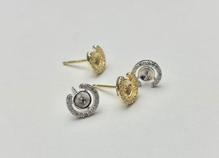 One Pair 925 Sterling Silver/Gold Earring Setting With CZ Letter C Shape Earring Stud Findings For Half Drilled Pearls #10348-O