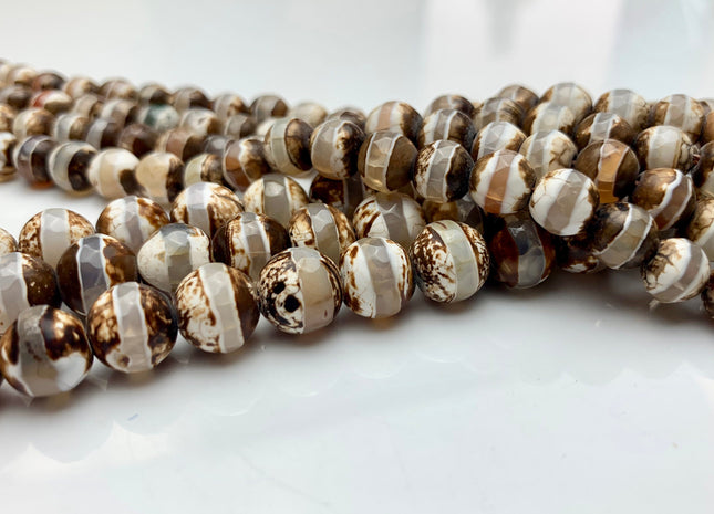 6mm 8mm 10mm AAA DZI Tibetan Agate Faceted Round Dark Brown And White Color Agate High Quality Gemstone Loose Beads #2352