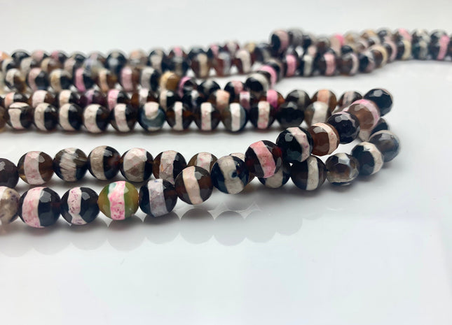 6 mm 8 mm 10 mm 12 mm DZI Tibetan Agate Faceted Round Black Pink And White Color Tibetan Agate Gemstone Loose Beads #2379