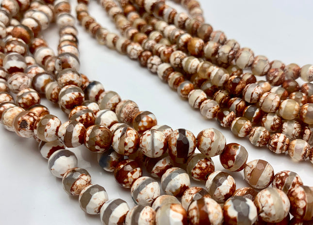 6mm 8mm AAA DZI Tibetan Agate Faceted Round Orange Brown And White Color Agate High Quality Agate Gemstone Loose Beads #2385