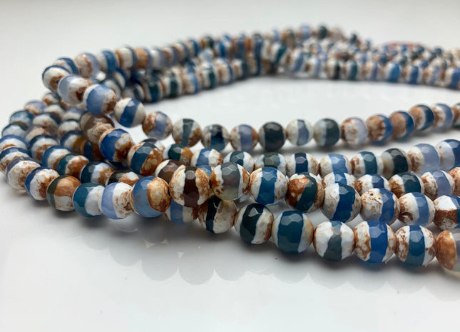6mm 8mm 10mm DZI Tibetan Agate Faceted Round Blue And White Color Tibetan Agate Gemstone Loose Beads #2393