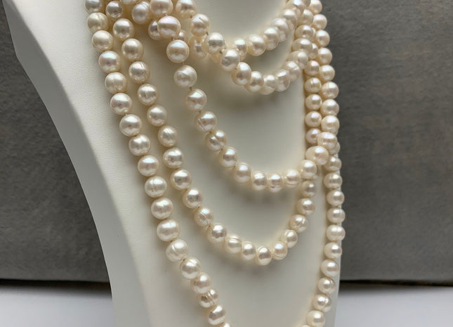 40 Inches Hand Knotted 8-9 mm or 9-10 mm Potato Natural White Color Freshwater Pearl Necklaces Long Pearl Necklace #1679