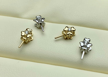 One Piece 925 Sterling Silver/Gold Pendant Setting Findings For Half Drilled Pearls Clover Leaf Design W/CZ Sterling Silver Pendant #1738-A