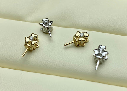 One Piece 925 Sterling Silver/Gold Pendant Setting Findings For Half Drilled Pearls Clover Leaf Design W/CZ Sterling Silver Pendant #10349
