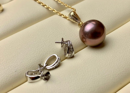 One Piece 925 Sterling Silver/Gold Pendant Setting Findings For Half Drilled Pearls Simple Design W/CZ Sterling Silver Pendant #10351