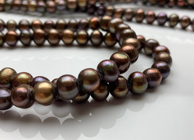 7.5-8 mm Full Strand Large Hole Copper Brown Freshwater Potato Pearl Beads Hole Size 2.2 mm Genuine Large Hole Freshwater Pearls #1473