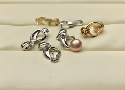 One Piece 925 Sterling Silver/Gold Pendant Setting Findings For Half Drilled Pearls Peg Design W/CZ Sterling Silver Pendant #1738-I