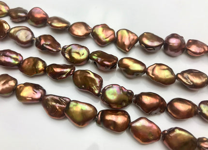 10x13-15 mm AA Copper Brown With Iridescent Gold Green Color Keshi Freshwater Pearl Beads Flat Nugget High Luster Nugger Keshi Pearls #1496