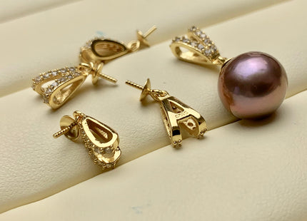 One Piece 925 Sterling Silver/Gold Pendant Setting Findings For Half Drilled Pearls V-Shape Design W/CZ Sterling Silver Pendant #10363