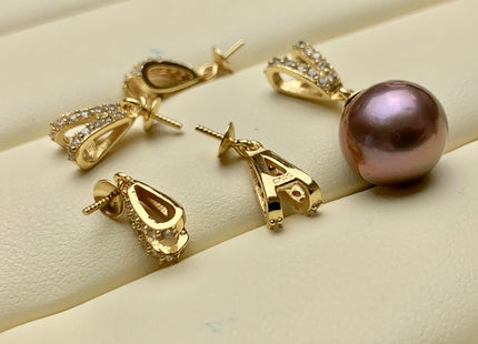 One Piece 925 Sterling Silver/Gold Pendant Setting Findings For Half Drilled Pearls V-Shape Design W/CZ Sterling Silver Pendant #10363
