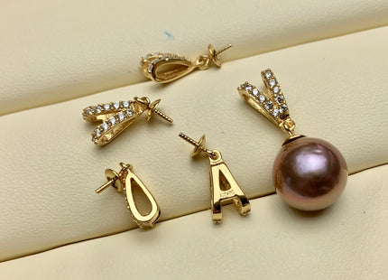 One Piece 925 Sterling Silver/Gold Pendant Setting Findings For Half Drilled Pearls V-Shape Design W/CZ Sterling Silver Pendant #10363