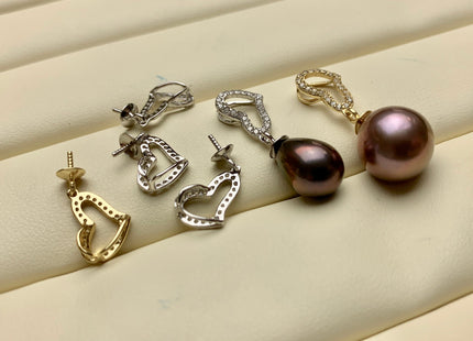 One Piece 925 Sterling Silver/Gold Pendant Setting Findings For Half Drilled Pearls Heart Shape Design W/CZ Sterling Silver Pendant #1738-U