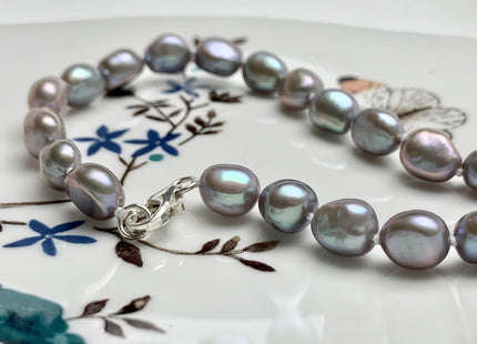 18/20/24 Inches Hand Knotted 8x10mm AAA Freshwater Potato Nugget Pearl Necklace Gray Color Genuine Pearl Necklace With Silver Clasp #1851