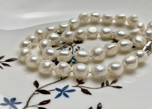 18/20/24 Inches Hand Knotted 9-10mm AA Freshwater Potato Nugget Pearl Necklace Natural White Genuine Pearl Necklace With Silver Clasp #1854