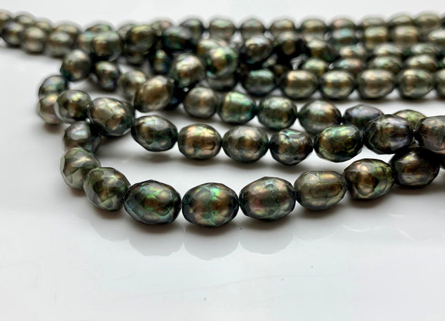 7x9 mm AA Olive Green Color Faceted Rice/Oval Freshwater Pearl Beads
