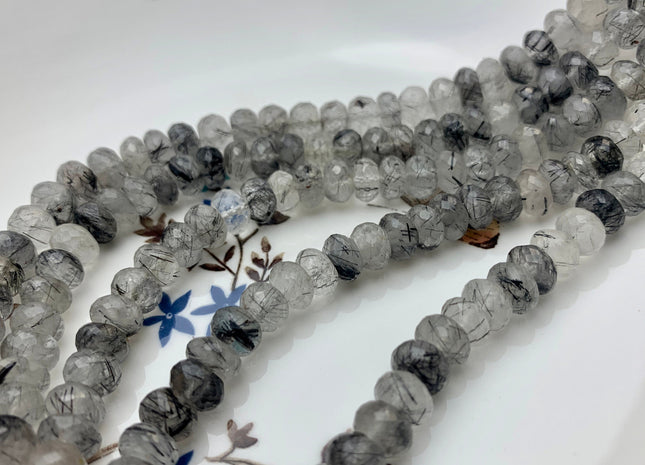 8mm 9mm 10mm AAA Gorgeous 100% Natural Black Rutilated Quartz Faceted Rondelle Gemstone Beads Top Quality Black Rutile Quartz 8 Inches# 2481