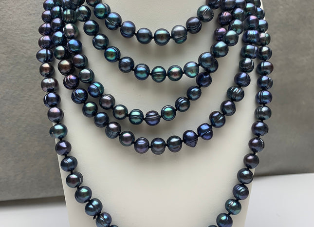40 Inches Hand Knotted 9-10 mm Potato Peacock Color Freshwater Pearl Necklaces Long Pearl Necklace #1677