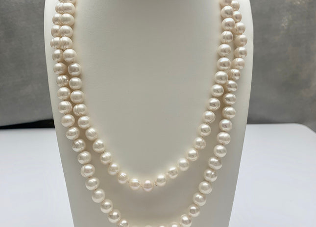 40 Inches Hand Knotted 8-9 mm or 9-10 mm Potato Natural White Color Freshwater Pearl Necklaces Long Pearl Necklace #1679