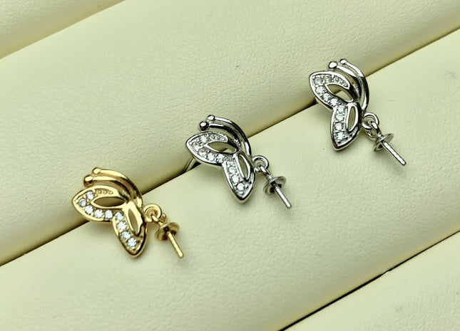 One Pair 925 Sterling Silver Earring Setting With CZ Genuine 925 Sterling Silver Butterfly Studs Findings For Half Drilled Pearls #10367