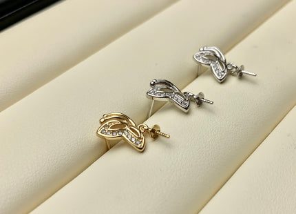 One Pair 925 Sterling Silver Earring Setting With CZ Genuine 925 Sterling Silver Butterfly Studs Findings For Half Drilled Pearls #10367