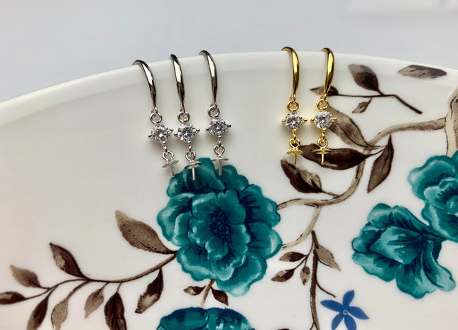 One Pair 925 Sterling Silver Earring Setting With CZ Genuine 925 Sterling Silver Earring Hook Findings For Half Drilled Pearls #10374