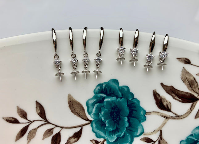 One Pair 925 Sterling Silver Earring Setting With CZ Genuine 925 Sterling Silver Earring Hook Findings For Half Drilled Pearls #10374