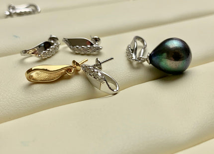 One Piece 925 Sterling Silver/Gold Pendant Setting Findings For Half Drilled Pearls Leaf Design W/CZ Sterling Silver Pendant #10356
