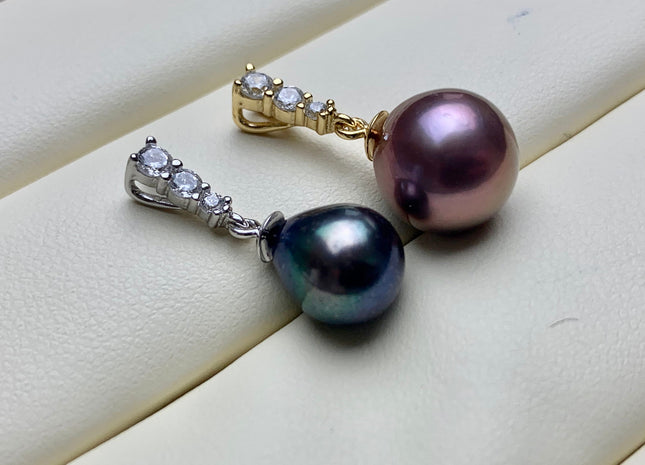 One Piece 925 Sterling Silver/Gold Pendant Setting Findings For Half Drilled Pearls Triangle Design W/CZ Sterling Silver Pendant #10357