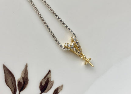 One Piece 925 Sterling Silver/Gold Pendant Setting Findings For Half Drilled Pearls V-Shape Design W/CZ Sterling Silver Pendant #10363