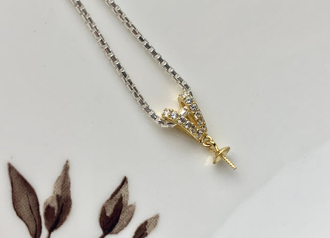 One Piece 925 Sterling Silver/Gold Pendant Setting Findings For Half Drilled Pearls V-Shape Design W/CZ Sterling Silver Pendant #10363