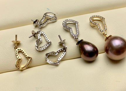 One Piece 925 Sterling Silver/Gold Pendant Setting Findings For Half Drilled Pearls Heart Shape Design W/CZ Sterling Silver Pendant #1738-U