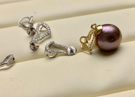 One Piece 925 Sterling Silver/Gold Pendant Setting Findings For Half Drilled Pearls Heart Shape Design W/CZ Sterling Silver Pendant #1738-U